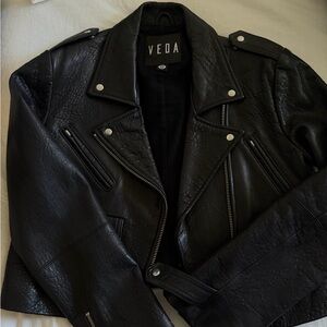 Veda Black Faux Leather Biker Jacket with Silver Hardware